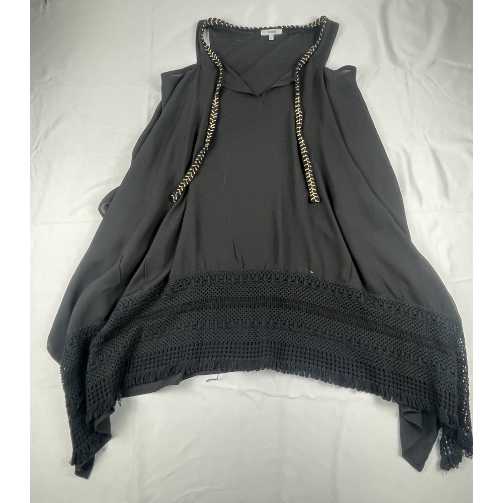 CASTING‎ WOMENS BLACK PONCHO TOP XL CROCHET HEM BOHO OVERSIZED CAPE FRINGE